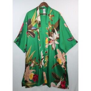 Chico's Tropical Floral Drama Duster Kimono L XL Satin Cover Up Jacket Green